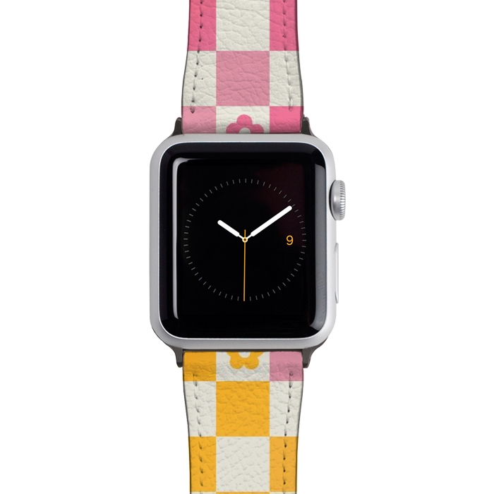 Watch 38mm / 40mm Strap PU leather Retro checks and daisy flowers - 70s gradient checkered pattern by Oana 