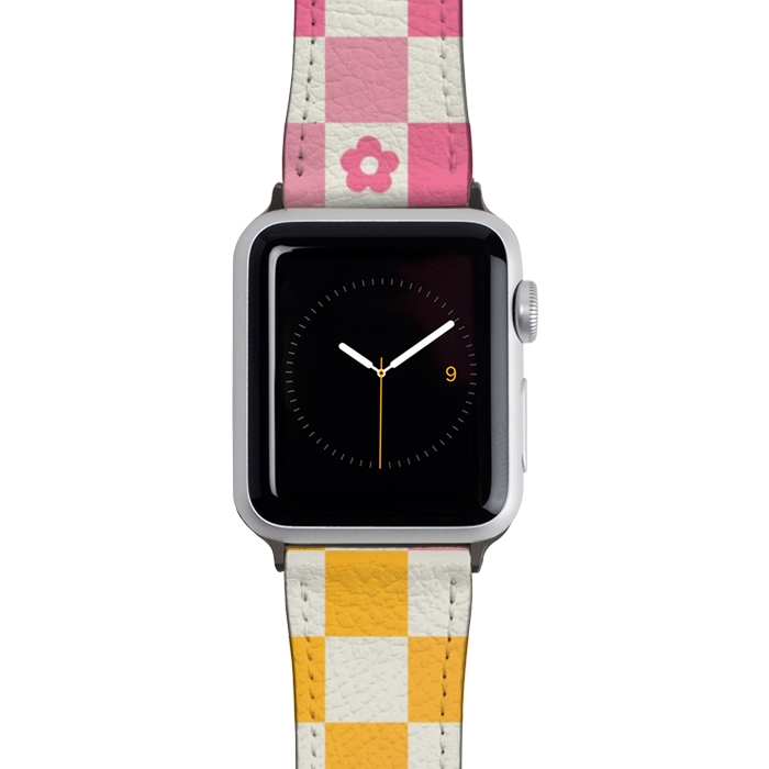 Watch 42mm / 44mm Strap PU leather Retro checks and daisy flowers - 70s gradient checkered pattern by Oana 