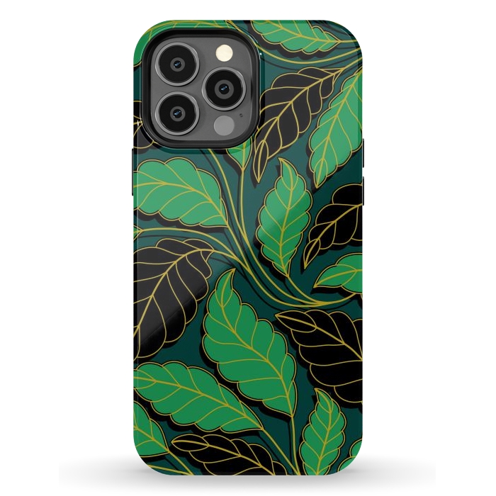iPhone 13 Pro Max StrongFit Curved lines Branches Leaves black and green G608 by Medusa GraphicArt