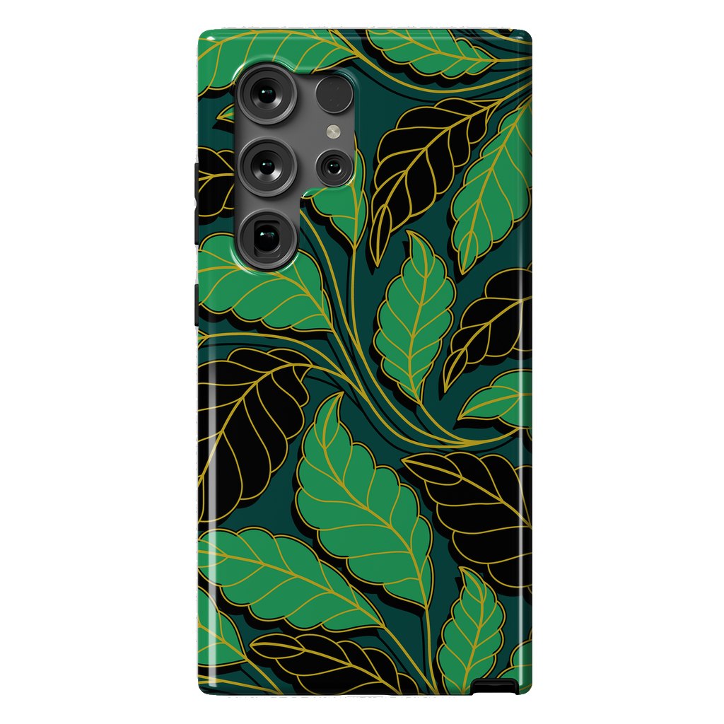 Galaxy S24 Ultra StrongFit Curved lines Branches Leaves black and green G608 by Medusa GraphicArt