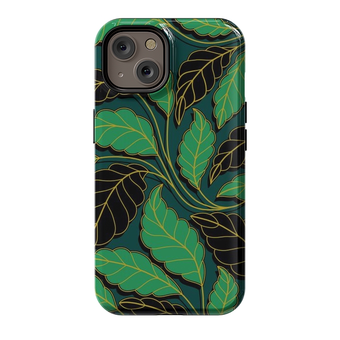 iPhone 14 StrongFit Curved lines Branches Leaves black and green G608 by Medusa GraphicArt