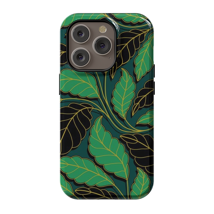 iPhone 14 Pro StrongFit Curved lines Branches Leaves black and green G608 by Medusa GraphicArt
