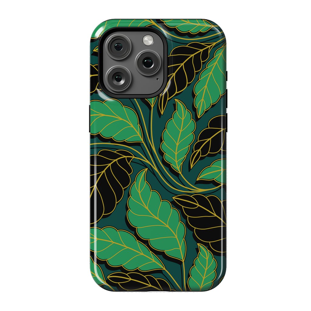 iPhone 15 Pro Max StrongFit Curved lines Branches Leaves black and green G608 by Medusa GraphicArt