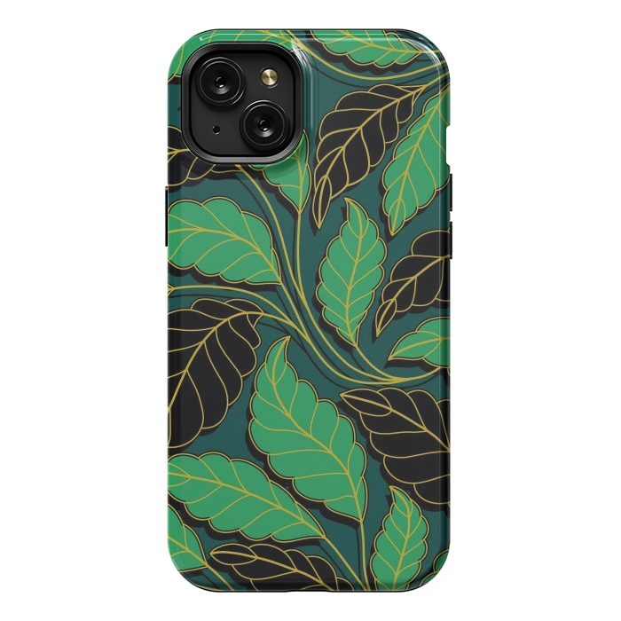 iPhone 15 Plus StrongFit Curved lines Branches Leaves black and green G608 by Medusa GraphicArt