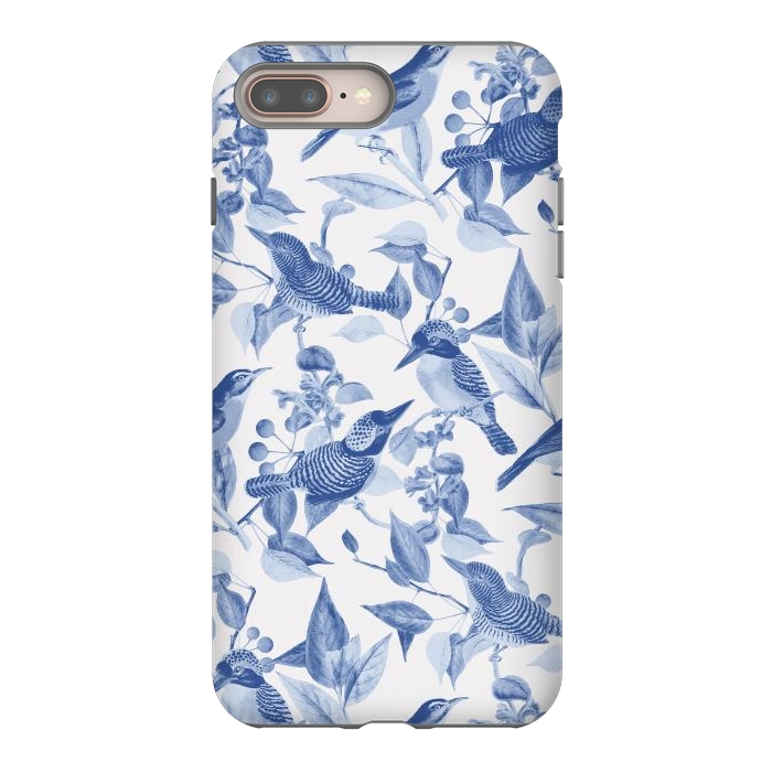 iPhone 7 plus StrongFit Birds and leaves chinoiserie - blue porcelain nature pattern by Oana 