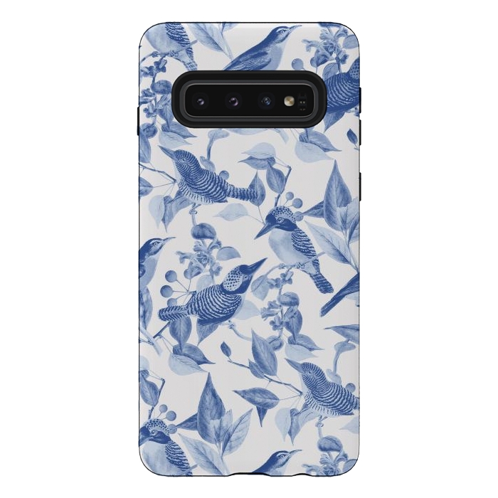 Galaxy S10 StrongFit Birds and leaves chinoiserie - blue porcelain nature pattern by Oana 