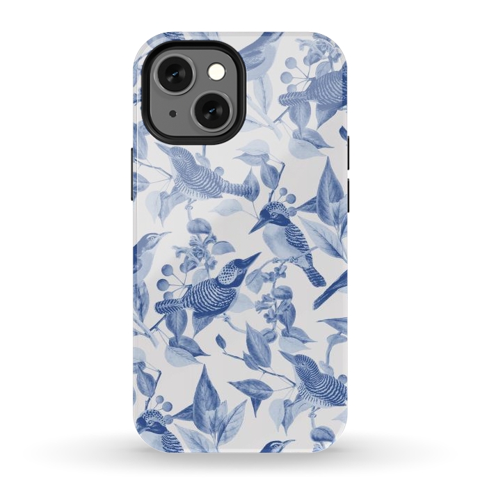 iPhone 12 mini StrongFit Birds and leaves chinoiserie - blue porcelain nature pattern by Oana 