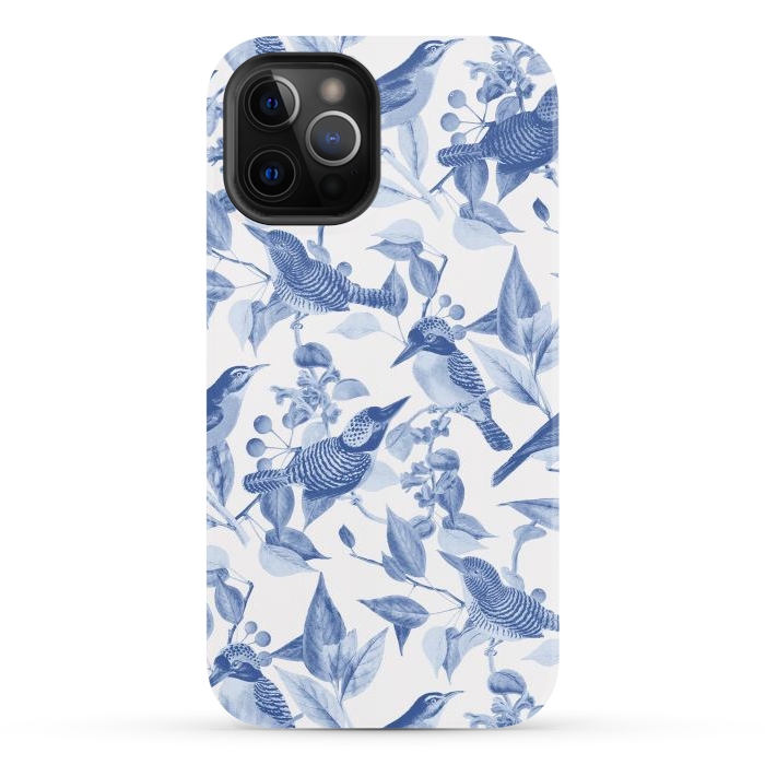 iPhone 12 Pro StrongFit Birds and leaves chinoiserie - blue porcelain nature pattern by Oana 