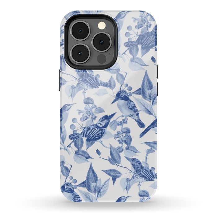iPhone 13 pro StrongFit Birds and leaves chinoiserie - blue porcelain nature pattern by Oana 