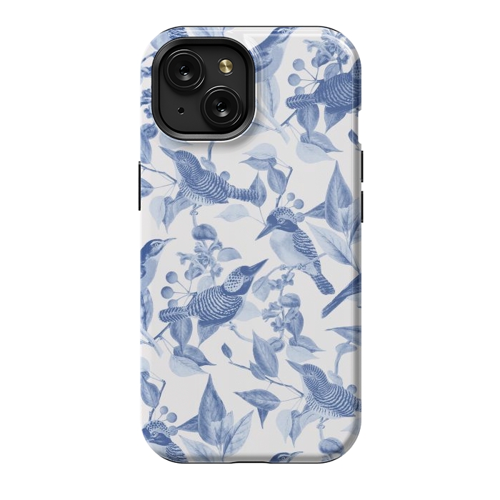 iPhone 15 StrongFit Birds and leaves chinoiserie - blue porcelain nature pattern by Oana 