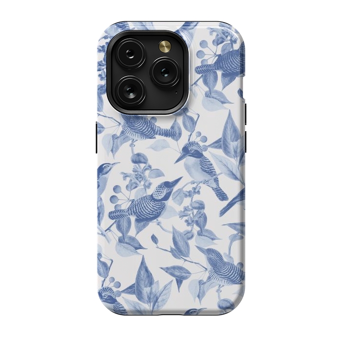 iPhone 15 Pro StrongFit Birds and leaves chinoiserie - blue porcelain nature pattern by Oana 