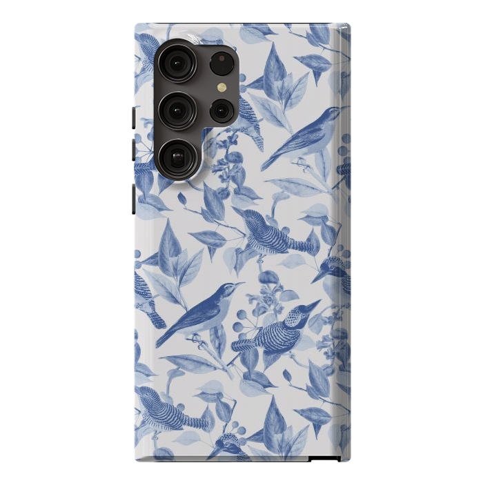 Galaxy S23 Ultra StrongFit Birds and leaves chinoiserie - blue porcelain nature pattern by Oana 