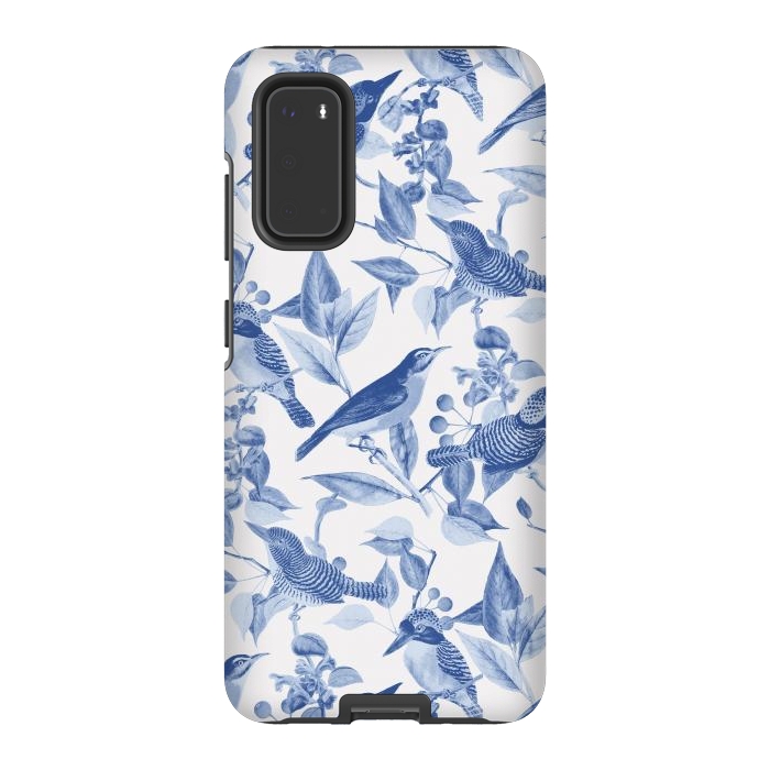 Galaxy S20 StrongFit Birds and leaves chinoiserie - blue porcelain nature pattern by Oana 