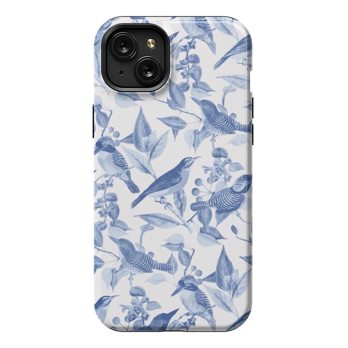 iPhone 15 Plus StrongFit Birds and leaves chinoiserie - blue porcelain nature pattern by Oana 