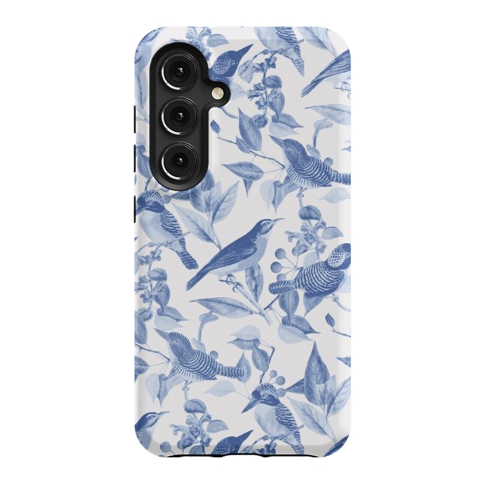 Galaxy S24 StrongFit Birds and leaves chinoiserie - blue porcelain nature pattern by Oana 