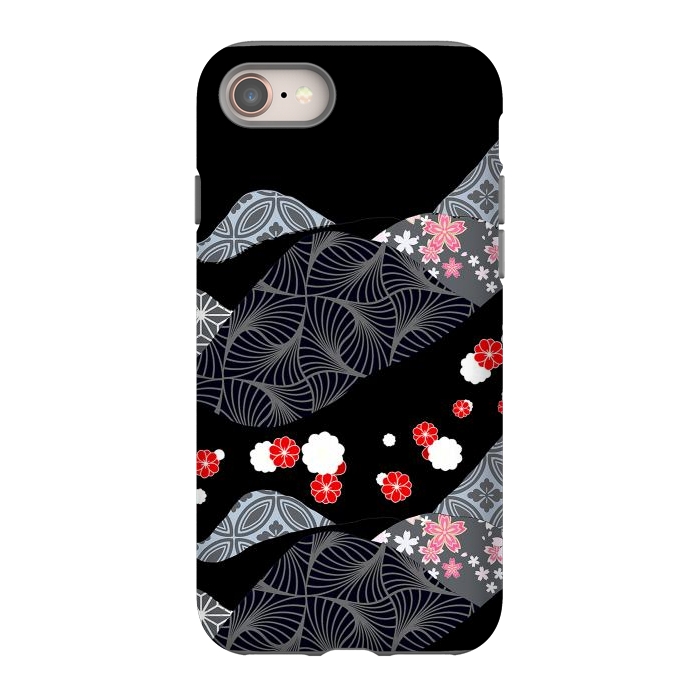 iPhone 8 StrongFit Japanese mountains and cherry blossoms - kimono pattern by Oana 