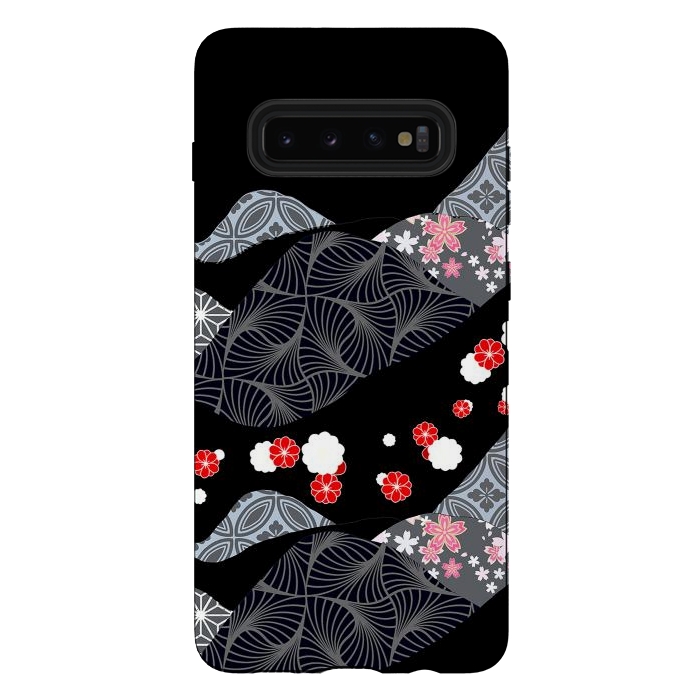 Galaxy S10 plus StrongFit Japanese mountains and cherry blossoms - kimono pattern by Oana 