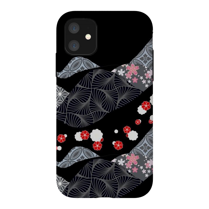 iPhone 11 StrongFit Japanese mountains and cherry blossoms - kimono pattern by Oana 