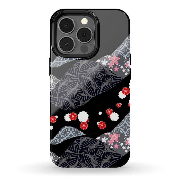 iPhone 13 pro StrongFit Japanese mountains and cherry blossoms - kimono pattern by Oana 