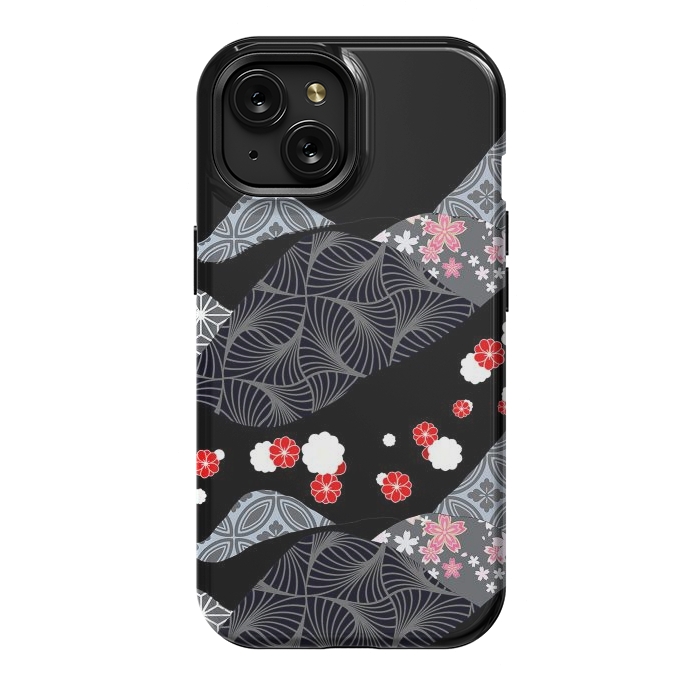 iPhone 15 StrongFit Japanese mountains and cherry blossoms - kimono pattern by Oana 