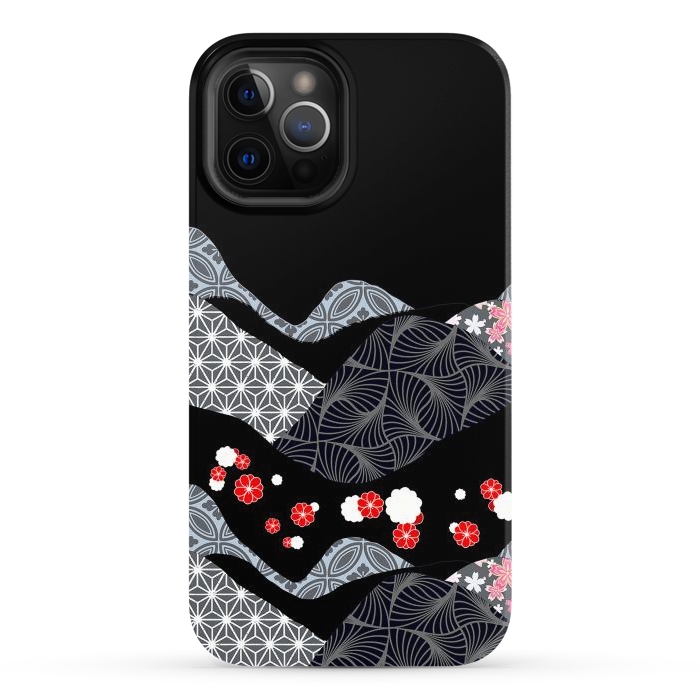 iPhone 12 Pro Max StrongFit Japanese mountains and cherry blossoms - kimono pattern by Oana 