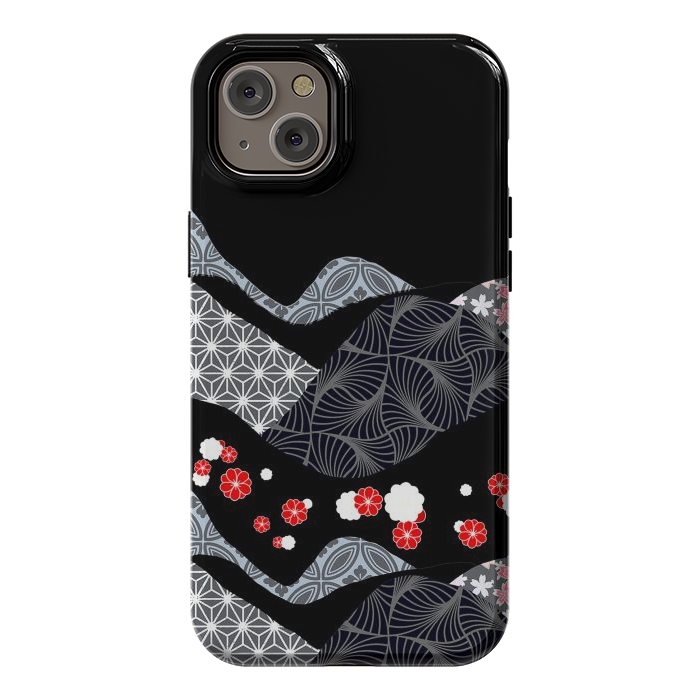 iPhone 14 Plus StrongFit Japanese mountains and cherry blossoms - kimono pattern by Oana 