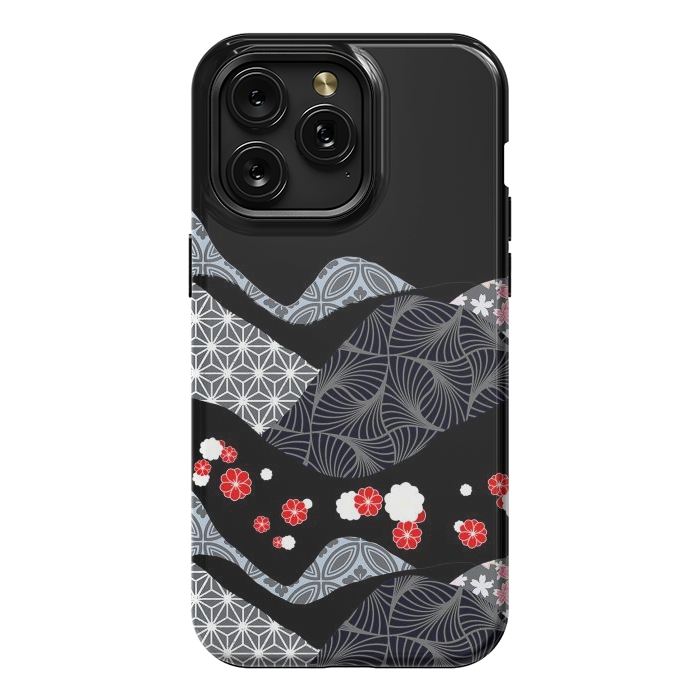 iPhone 15 Pro Max StrongFit Japanese mountains and cherry blossoms - kimono pattern by Oana 