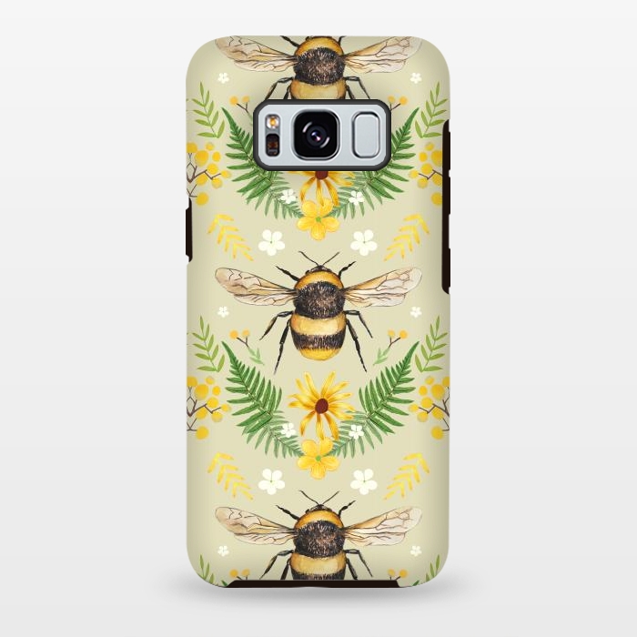 Galaxy S8 plus StrongFit Bees and flowers - cottagecore bumble bee pattern - ferns, wild flowers by Oana 