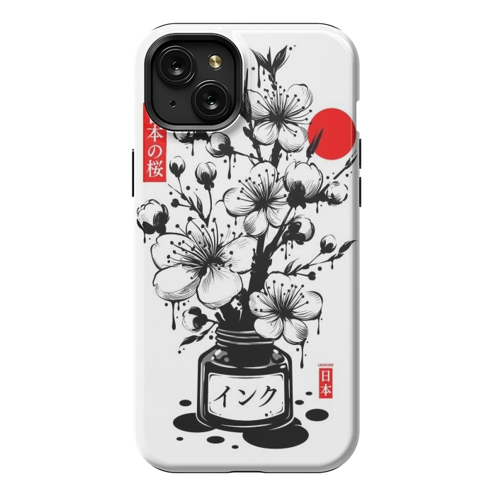 iPhone 15 Plus StrongFit Black Cherry Blossom Japanese Ink by LM2Kone