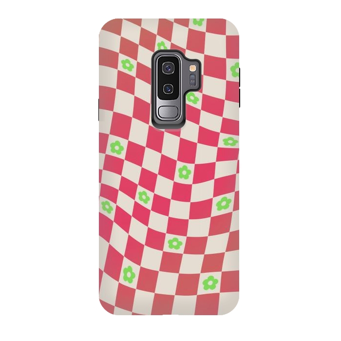 Galaxy S9 plus StrongFit Checks and flowers - retro optical illusion checkered Y2K by Oana 