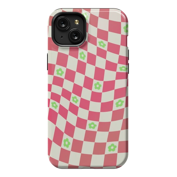 iPhone 15 Plus StrongFit Checks and flowers - retro optical illusion checkered Y2K by Oana 