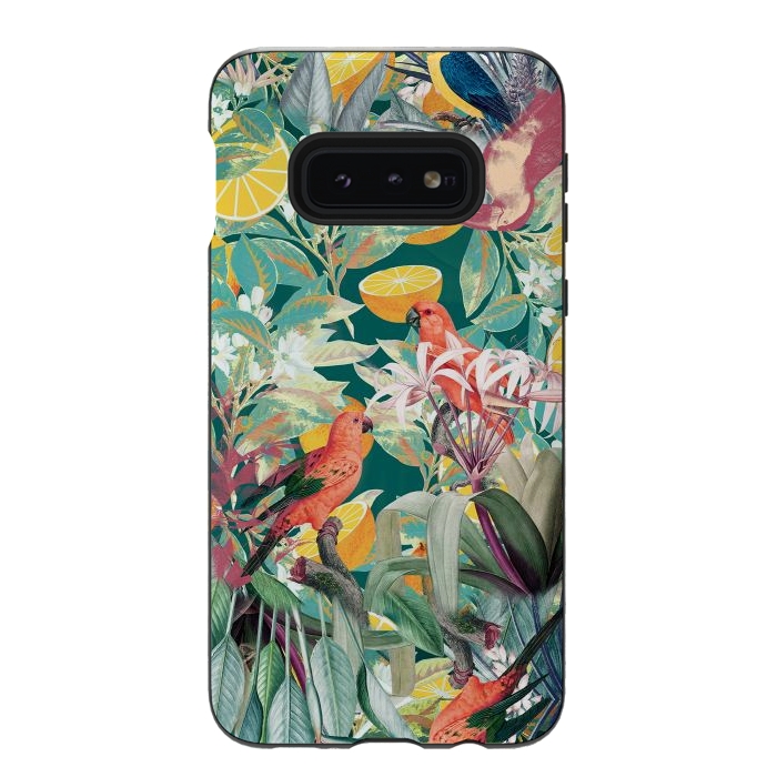 Galaxy S10e StrongFit Parrots, oranges and tropical leaves - jungle paradise by Oana 
