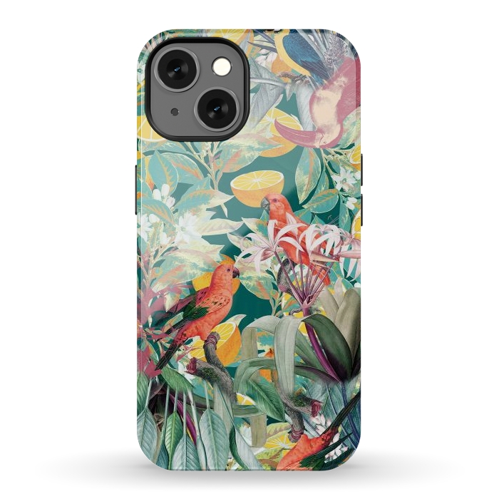 iPhone 13 StrongFit Parrots, oranges and tropical leaves - jungle paradise by Oana 