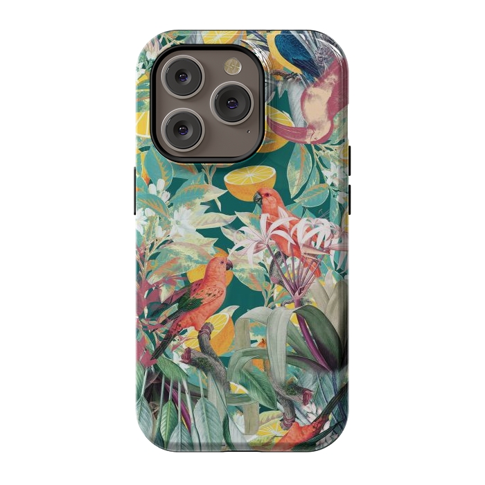 iPhone 14 Pro StrongFit Parrots, oranges and tropical leaves - jungle paradise by Oana 