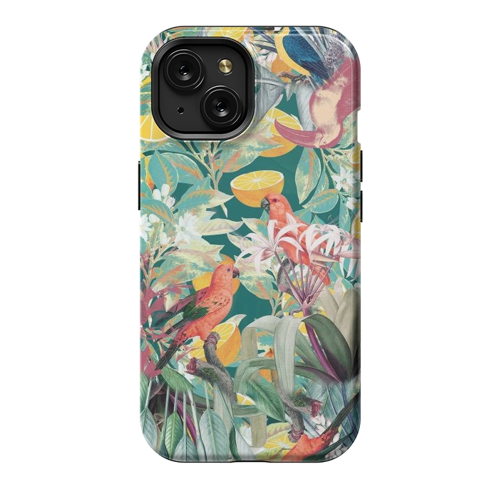 iPhone 15 StrongFit Parrots, oranges and tropical leaves - jungle paradise by Oana 