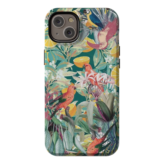 iPhone 14 Plus StrongFit Parrots, oranges and tropical leaves - jungle paradise by Oana 