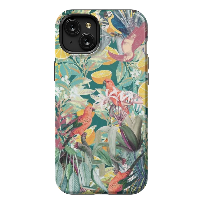 iPhone 15 Plus StrongFit Parrots, oranges and tropical leaves - jungle paradise by Oana 