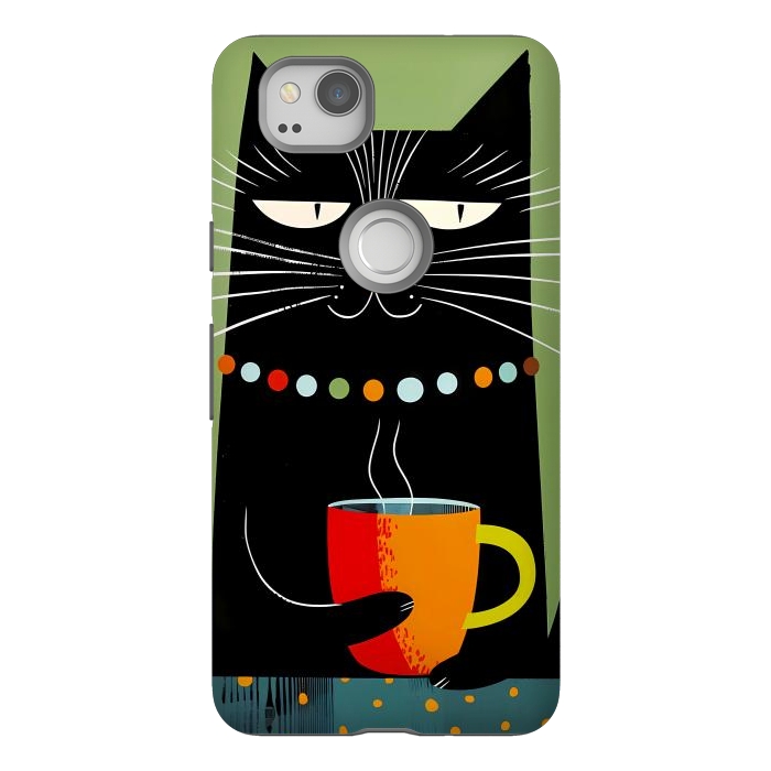 Pixel 2 StrongFit Black angry cat drinking coffee by haroulita