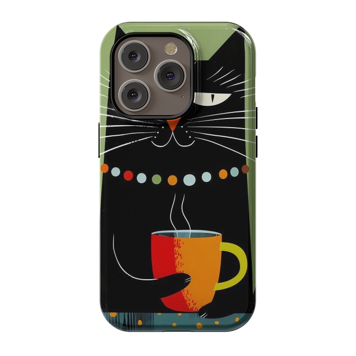 iPhone 14 Pro StrongFit Black angry cat drinking coffee by haroulita