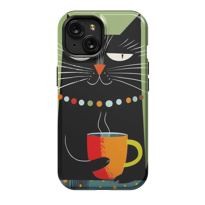 iPhone 15 StrongFit Black angry cat drinking coffee by haroulita
