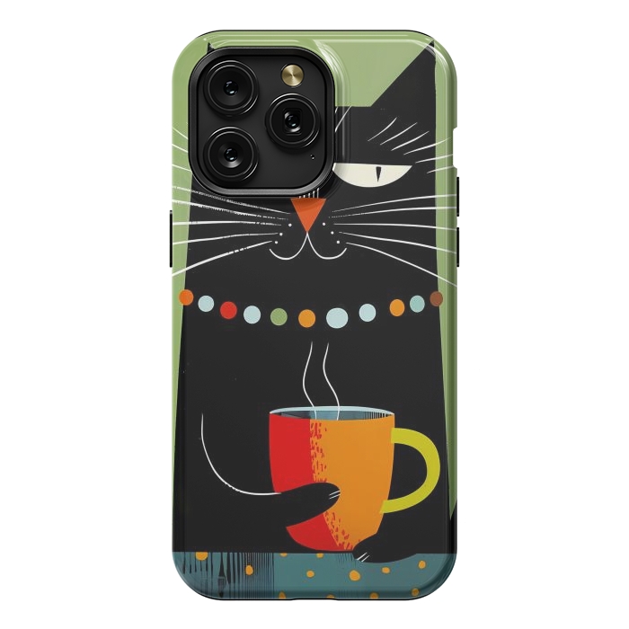 iPhone 15 Pro Max StrongFit Black angry cat drinking coffee by haroulita