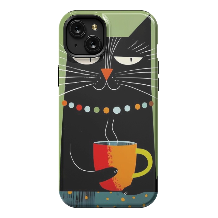 iPhone 15 Plus StrongFit Black angry cat drinking coffee by haroulita