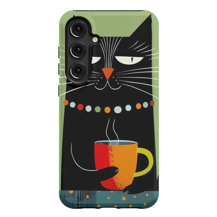 Galaxy S24 Plus StrongFit Black angry cat drinking coffee by haroulita