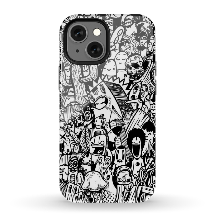 iPhone 12 mini StrongFit Doodle party black and white by Manuvila