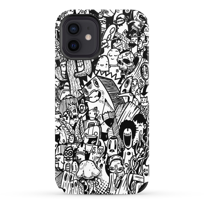 iPhone 12 StrongFit Doodle party black and white by Manuvila