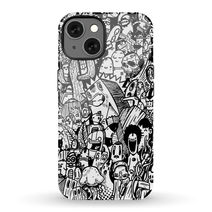 iPhone 13 StrongFit Doodle party black and white by Manuvila