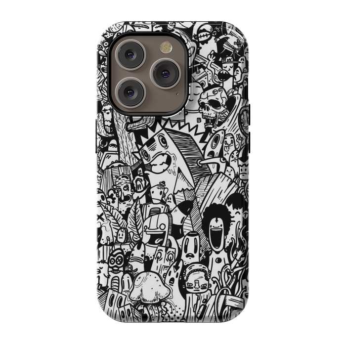 iPhone 14 Pro StrongFit Doodle party black and white by Manuvila