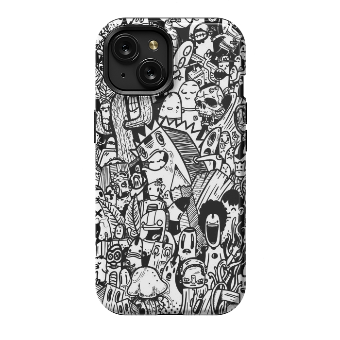 iPhone 15 StrongFit Doodle party black and white by Manuvila