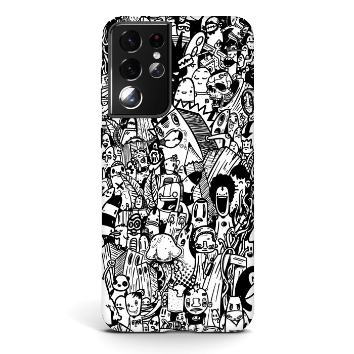 Galaxy S21 ultra StrongFit Doodle party black and white by Manuvila