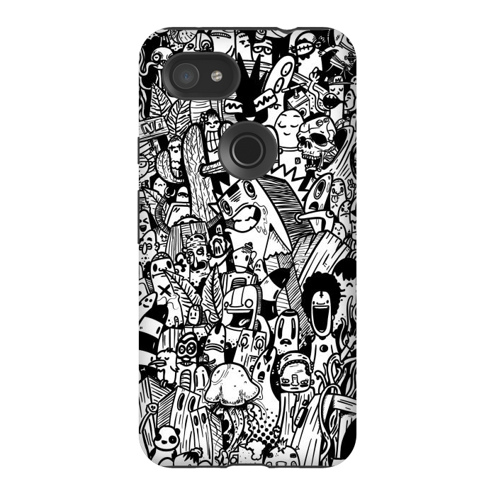 Pixel 3AXL StrongFit Doodle party black and white by Manuvila